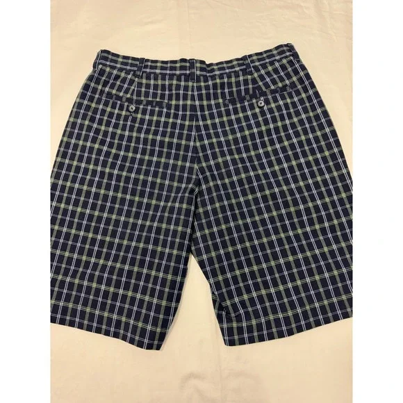 IZOD XFG Plaid Golf Shorts Mens 34 Navy Blue Lime Green Cotton Blend