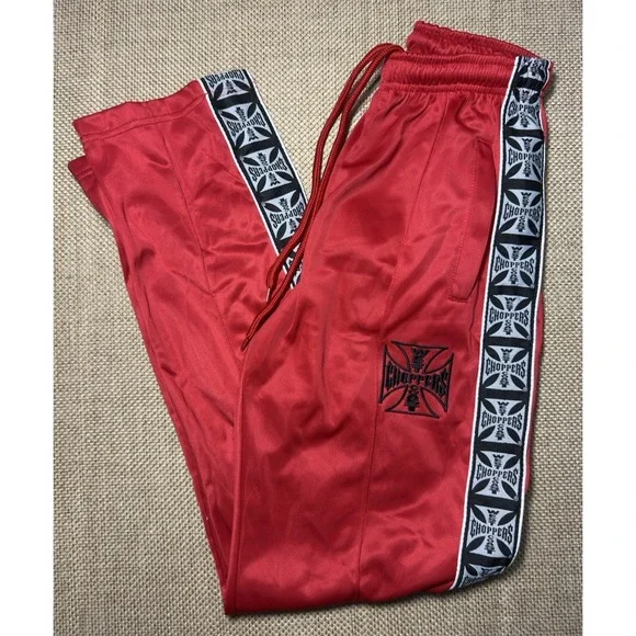Vtg West Coast Chopper Red Track Pants Youth Medium Shiny Motorcycle Sweatpants