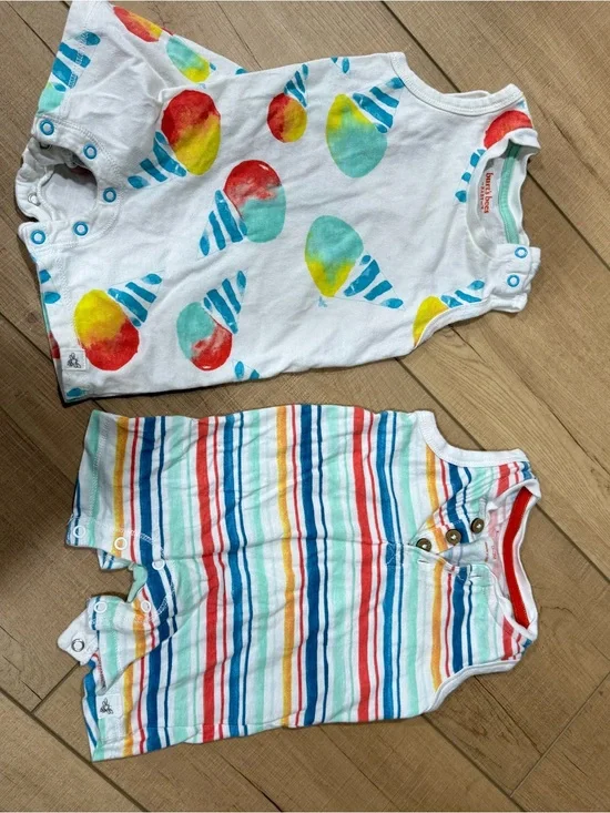 Burt's Bees Baby White Romper with Teal Trim & Blue Snap Accents