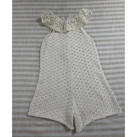 Zara Kids Cream Pointelle Knit Romper Eyelet Lace Ruffle Collar Size 2-3 Years