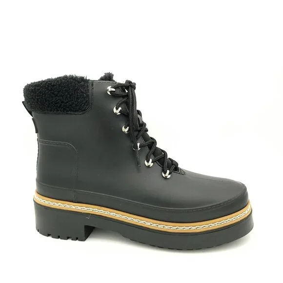 Marc Fisher Combat Rain Boots Womens 9 Chic Shiny City Fur Trim Whimsygoth