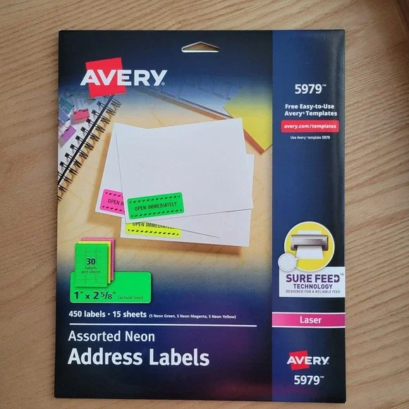 Avery 5979 Assorted Neon Address Labels 1 x 2-5/8 Laser 450 Labels 15 Sheets
