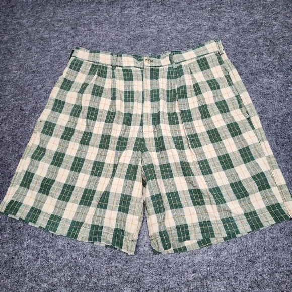 Woolrich Mens Vintage Linen Blend Green Plaid Pleated Shorts Golf Grandpa 38