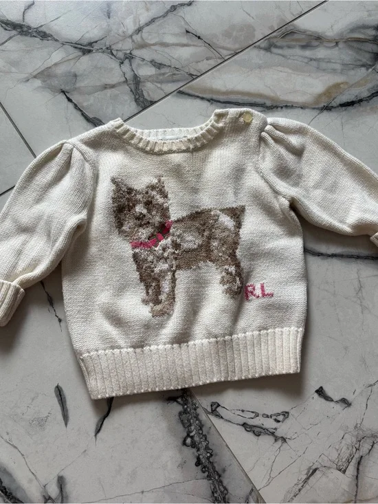Ralph Lauren Cream Knit Baby Sweater with Puppy Detail