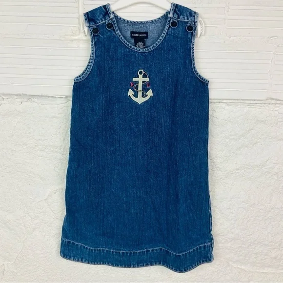 RALPH LAUREN denim jean sleeveless cotton nautical embroidered anchor dress SZ 6