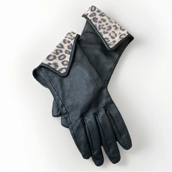 Black Genuine Leather Leopard Trim Gloves Fleece Lined Warm Winter Womens Small
