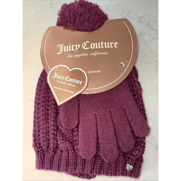 Womens Winter Hat Gloves Set Cable Knit Pom‎ Burgundy Beanie Gift Warm Y2K New