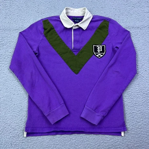 Ralph Lauren Rugby Shirt Youth M Shirt‎ Long Sleeve Purple V Stripe Patch Logo