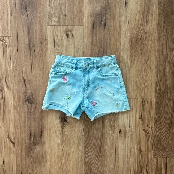 Wonder Nation Girls Light Wash Denim Shorts Tropical‎ Flamingo Palm Tree Size 8