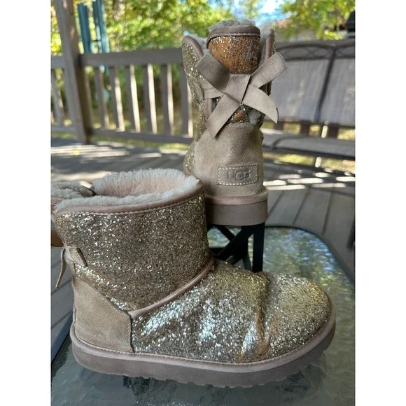 UGG Australia Glitter Mini Bailey Bow II Boots Gold Shimmer‎ Sparkle Size 7