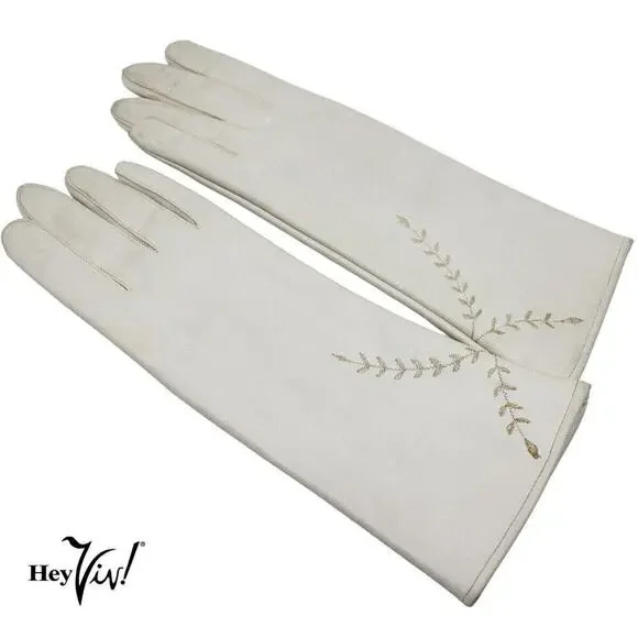 Vintage Ivory Max Mayer Embroidered Fashion Gloves Vinyl and Rayon Sz M -Hey Viv