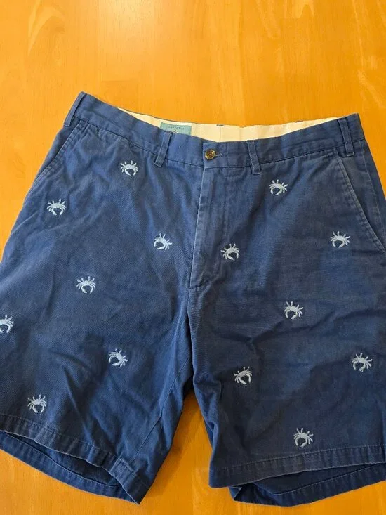 Castaway Nantucket Men's Flat Front Chino Shorts Crab Embroidered Blue Size 35