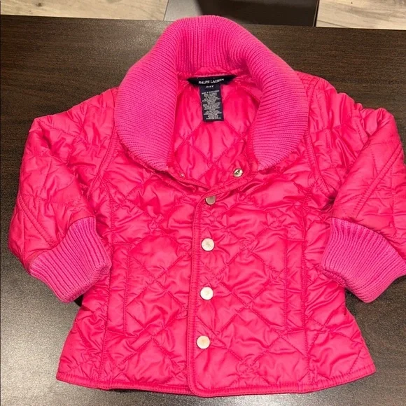 Ralph Lauren Quilted Jacket Pink Knit Collar Snap Front 3T