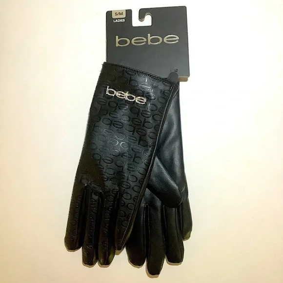 BEBE Black Crystal Logo Ladies Gloves S/M New