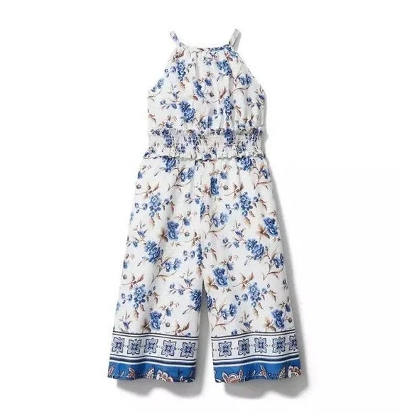 Janie and Jack Floral Jumpsuit 12-18 Months Blue Ruffles Cute Summer Beach Vacay