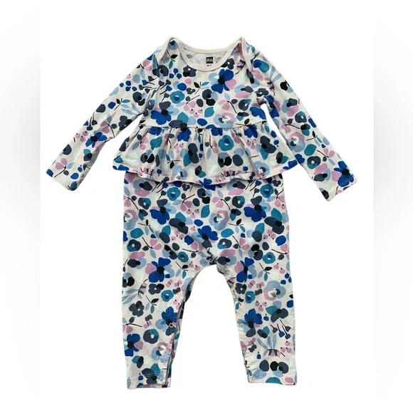 Tea Collection Size 18-24 Months Pink and Blue Floral Peplum Romper Jumpsuit