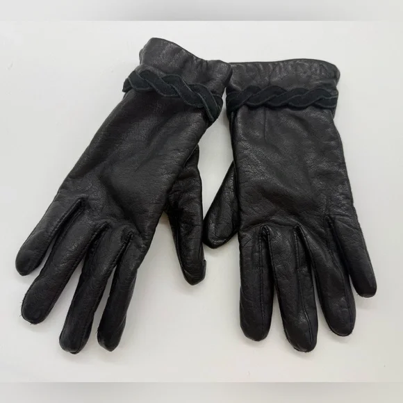 Vintage Genuine Soft Leather Gloves Black Braided Acrylic Western Women Small