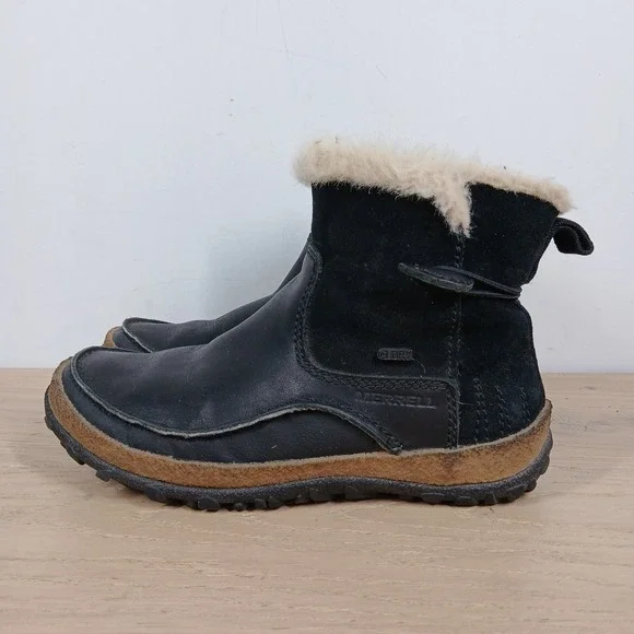 Merrell Ankle Boots Womens 6 Black Leather Shearling Lined Winter Outdoor