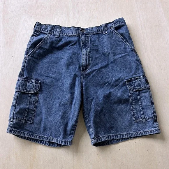 Wrangler Denim Cargo Shorts Mens 38 Blue Medium Wash Relaxed Fit 9 Inseam Summer