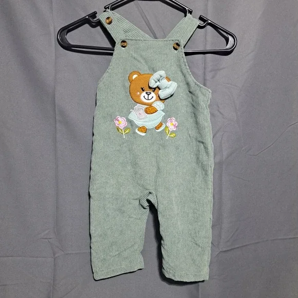 Baby‎ Sage Green Corduroy Teddy Bear Overalls 9-12M Embroidered Bibs