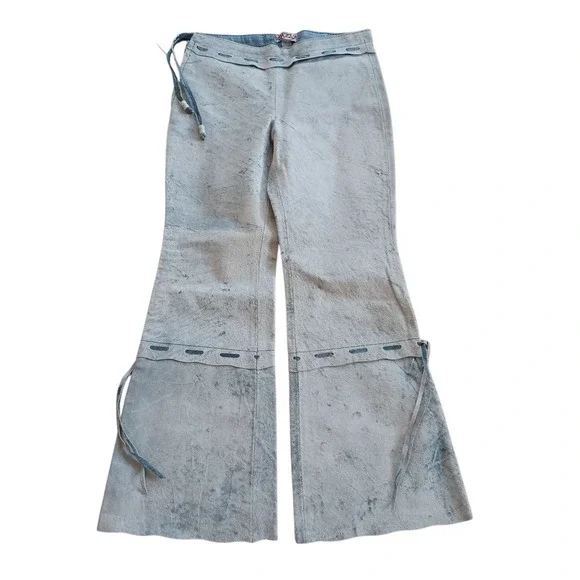 Youth Girls Authentic Suede Leather Blue Dyed Western Rodeo Running Stitch Pants