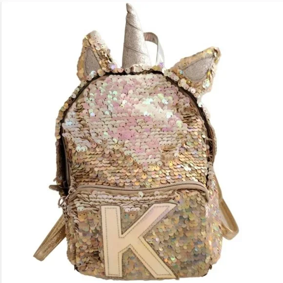 Justice gold sequined unicorn mini backpack letter K