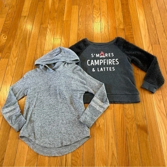 Lot of 2 Justice Sweatshirts Size 8 Gray Fuzzy Glitter S’mores Campfire Lattes