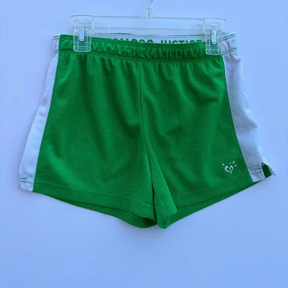 Justice Girls Green Athletic Shorts White Side Stripe Logo Waistband‎ Size 10