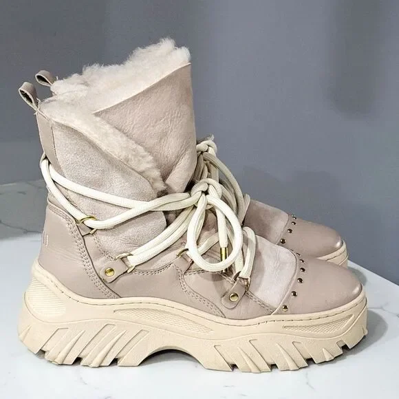 Inuikii Boots Womens 40 Leather Shearling Lined Winter Lace Up Platform Studded