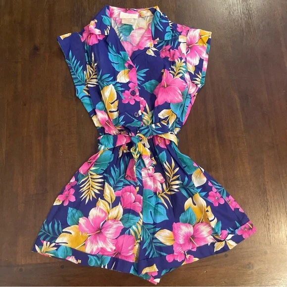 Vintage Ask Ilene! Size 12 made‎ in USA tropical flowers romper with belt