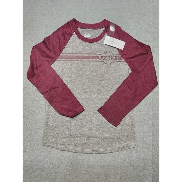 Justice Girls Size 6 Gray Burgundy Raglan Long Sleeve Live Love Justice Tee