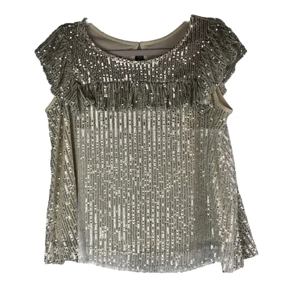 Justice Girls‎ Top Size 16/18 Sequin Ruffle Sleeve Cream Lined Short Sleeve Top