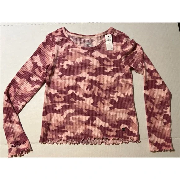 Justice Pink Camo Waffle‎ Top Shirt Long Sleeve Girls Youth SZ 14 PL NEW
