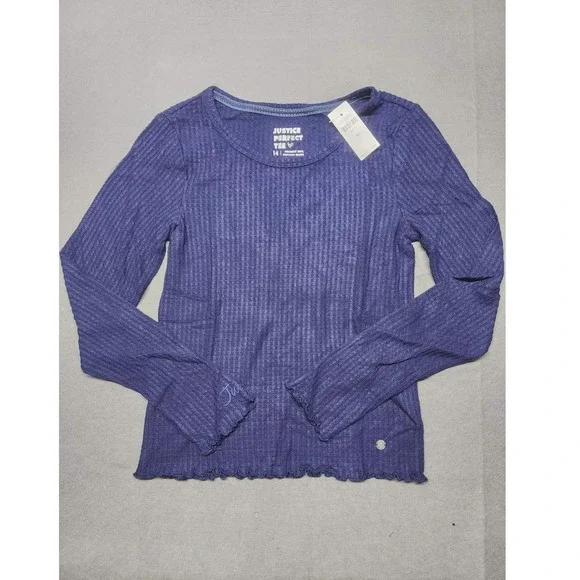 Justice Girls Purple Perfect Tee Waffle Knit Long Sleeve Top Size 14