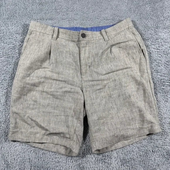 Tommy Bahama Linen Shorts Mens Large Pleated Striped Elastic Waist 9'' Inseam