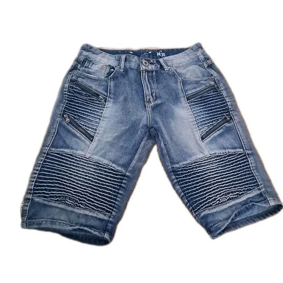 Trilination Shorts Men's 30 Moto Biker Denim Blue Distressed Zipper Pockets Jean
