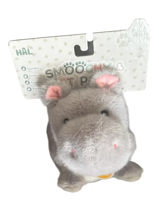 Smoochy Pet Plush Hippo Toy — Gray with Pink Accents