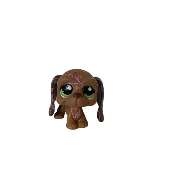 Littlest Pet Shop Dog Basset Hound LPS #1358 Green Eyes Pink Swirls Deco