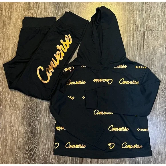 Converse Kids Black Gold Logo Print Hoodie Pants Set Size L 12 13‎ Years