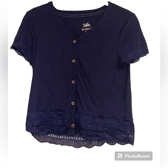 Justice navy‎ blue lace trim size 14 v neck button front top lightweight spring