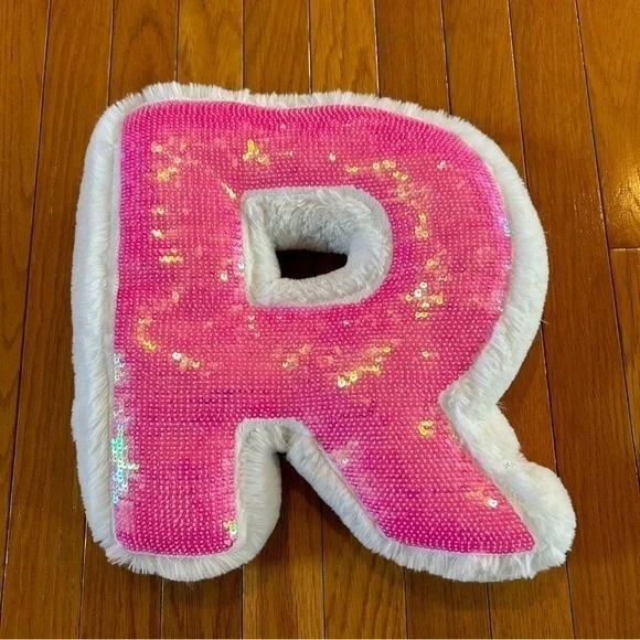 Justice Stuffed R Decorative Pillow Plush Faux Fur White And Hot Pink Sequin