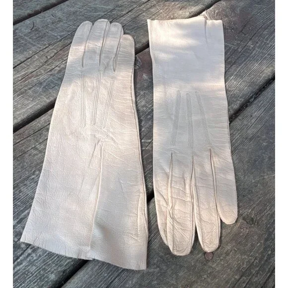 Vtg Washable Kid Leather Ladies Long Beige Gloves Size 7‎ France