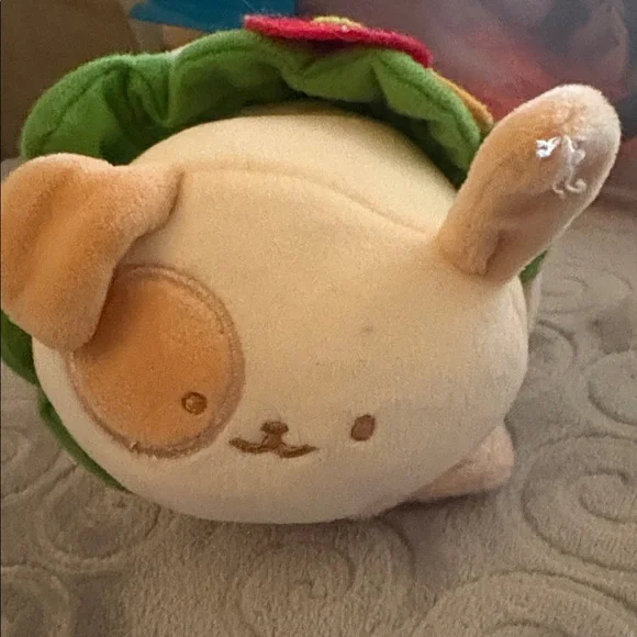 Plush Small Pet Toy - Cream & Tan with Green Leaf Accent