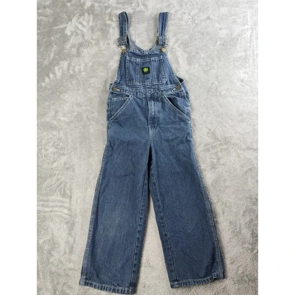 Vintage John Deere Denim Overalls Youth Adjustable Bib Wide Leg Farm Logo