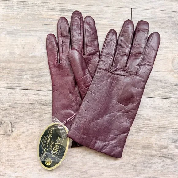 Vintage Aris Burgundy Leather Gloves Cashmere Lined Women’s Size 7.5 90s