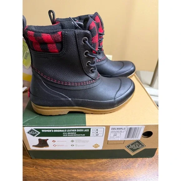 Muck Boot Originals Leather Duck Lace Black Buffalo Plaid Waterproof ODLW6PLD 6W