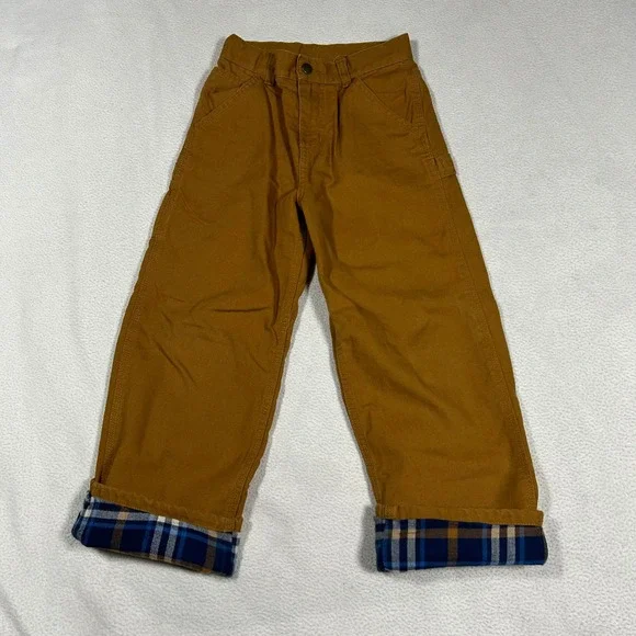 Carhartt Carpenter Pants Kids Size 7 Brown Flannel Lined Duck Canvas Plaid Cuff