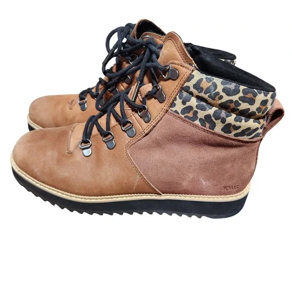 TOMS brown & leopard lace up leather combat ankle boots‎ 9 Gorpcore