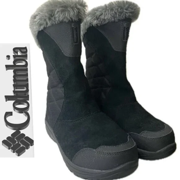 COLUMBIA BOOTS 200 GRAMS WINTER SNOW WARM COZY Sz‎ 7 FAUX FUR/ LEATHER GOTHCORE
