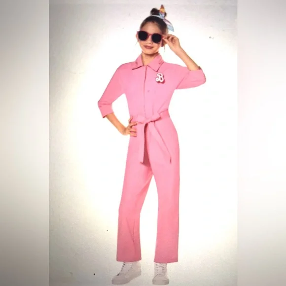 NWT  Spirit Halloween Barbie the Movie Kids Pink Power Jumpsuit size large 12-13